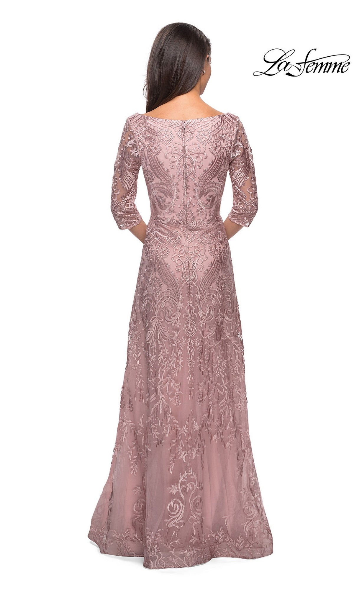 Back view of the Long Formal Dress: La Femme 27949, a floor-length mauve embroidered lace dress with three-quarter sleeves and intricate detailing.
